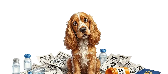 Dog surrounded by treatment reminders and medicine