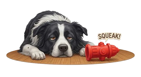 Bored dog lying beside a squeaky toy